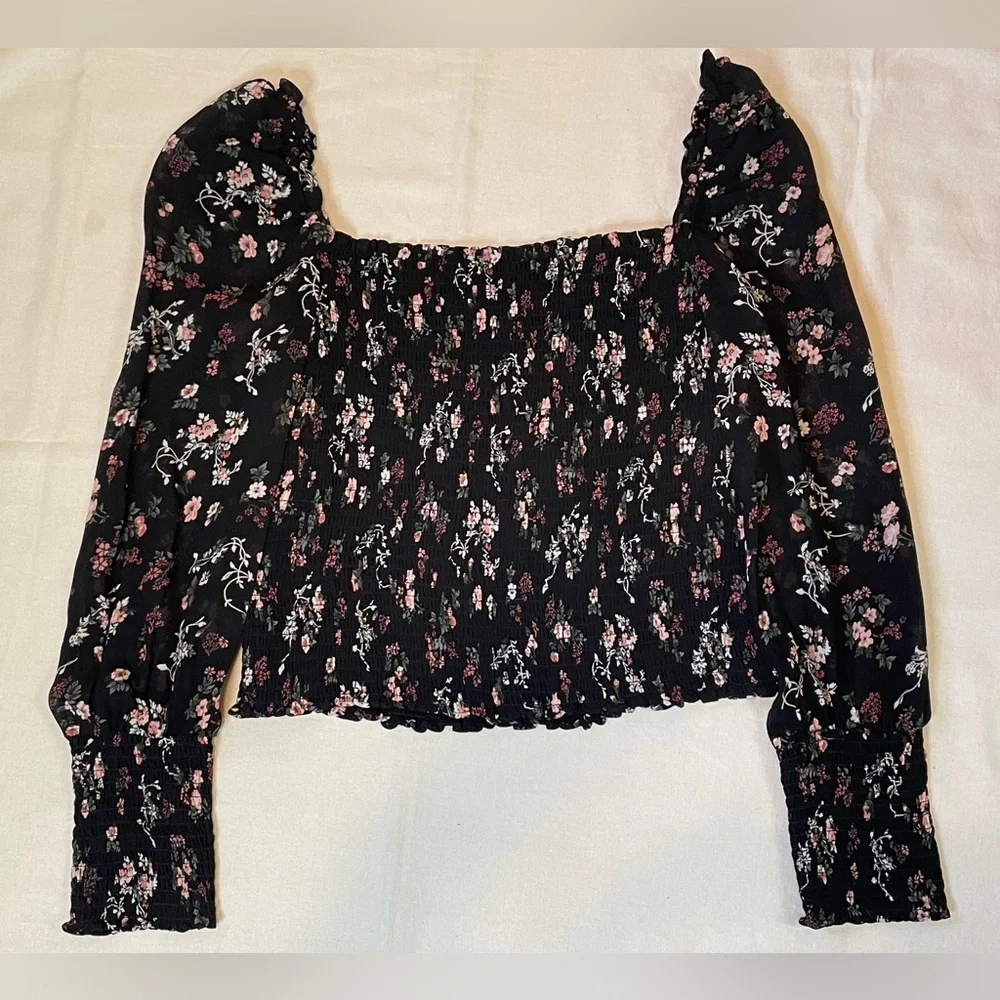 Reformation black Floral off shoulder long sleeve SmockedTop